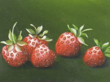 Lille blomstermaleri med jordbær - billedet måler 8 x 13 cm.
