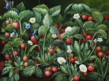 Birthe Jarlbæk - Blomstermaleri forestillende jordbærplanter med jordbær og blomster.
