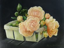 Blomstermaleri af en spånkurv med roser