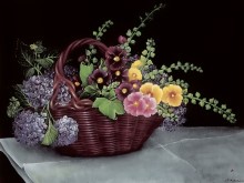 Blomstermaleri af en flettet pilekurv med stokroser og hortensier.