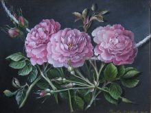Blomstermaleri forestillende tre roser på en snor