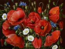 Birthe Jarlbæk - Blomstermaleri af en glasvase med valmuer, kornblomster og snerler